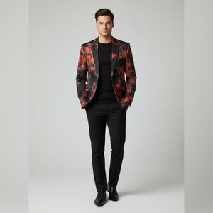 Cloudstyle‎ Men's Abstract Paint-Splatter Party Blazer Jacket Orange Black NWT S
